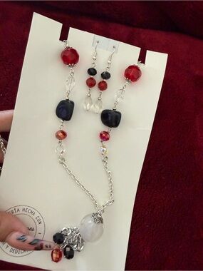 Handcrafted Red and Black Bead Necklace & Earring Set